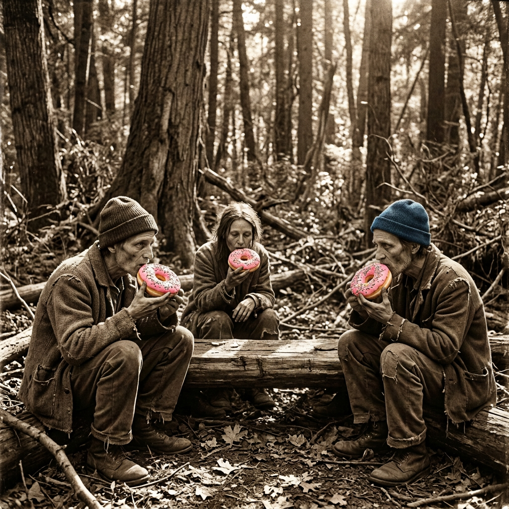 Six people in a forest holding pink-frosted donuts