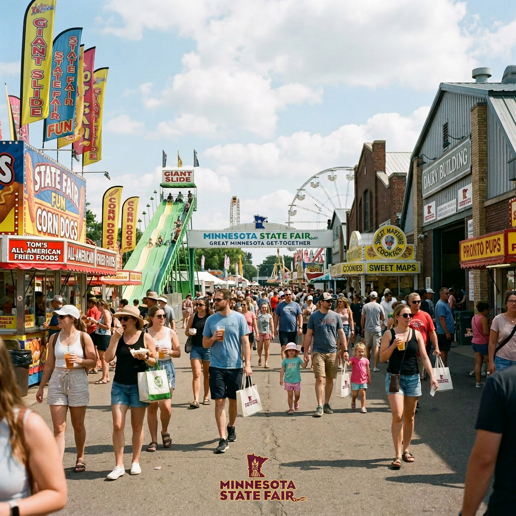 Crowded Minnesota State Fair midway with food stands, giant slide, and Ferris wheel
